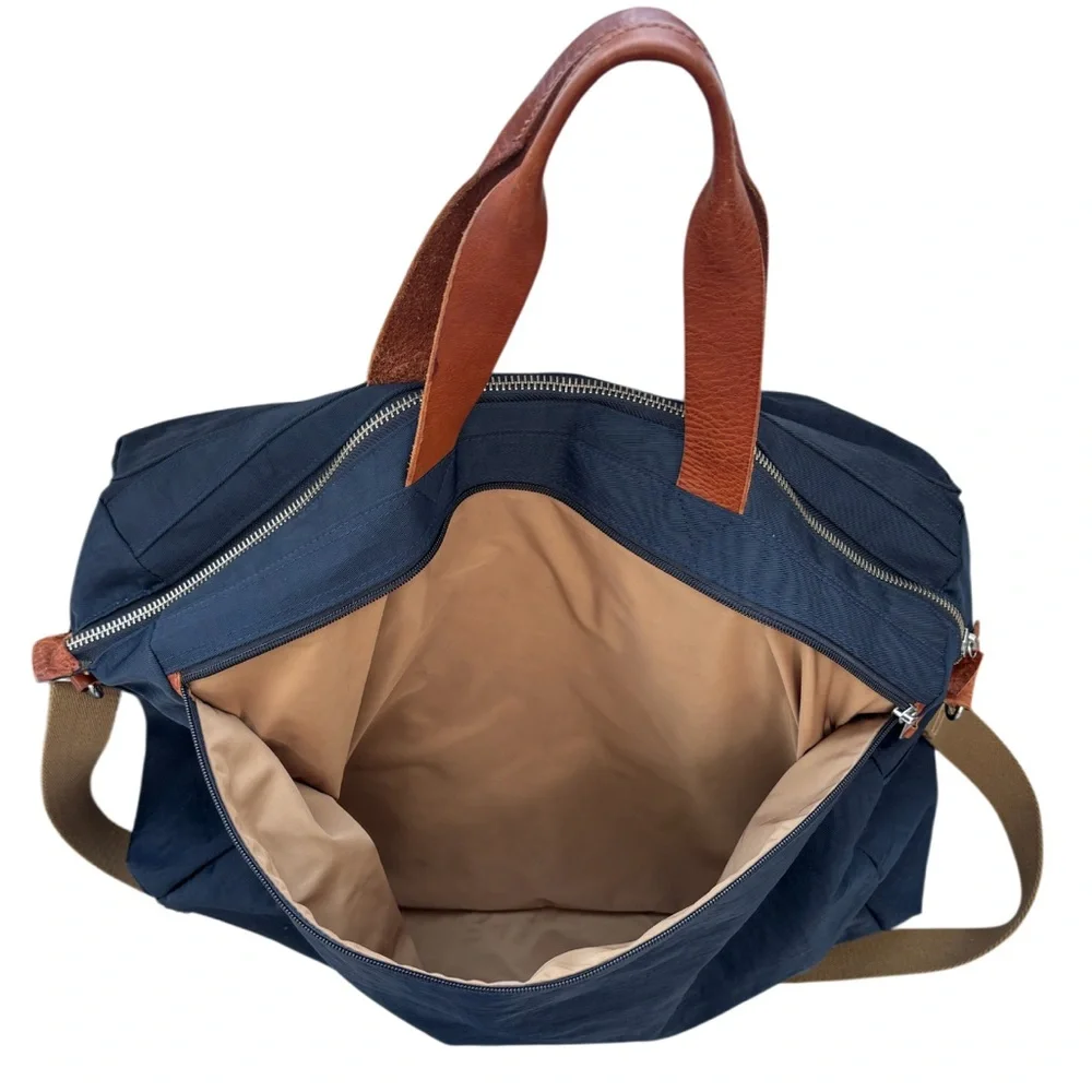 J Crew Duffle Bag Harwick Overnight Bag Weekend Travel Leather Fabric Navy Brown